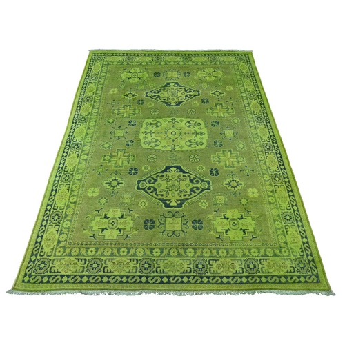 Moss Green, Overdyed Kazak with Tribal Medallion Design, 100% Wool, Hand Knotted, Oriental 