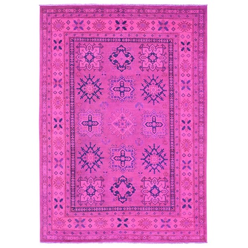 Fuscia Pink, Overdyed Kazak with All Over Geometric Pattern, Hand Knotted, 100% Wool, Oriental 