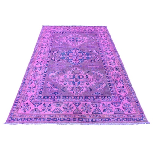 Bubblegum Pink, Overdyed Kazak with Geometric Medallion Design, Hand Knotted, 100% Wool, Oriental 