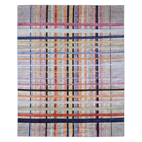 Spanish Gray, Bauhaus Inspired Criss Cross Colorful Line Design, Hand Knotted, Soft and Velvety Wool, Oriental Rug