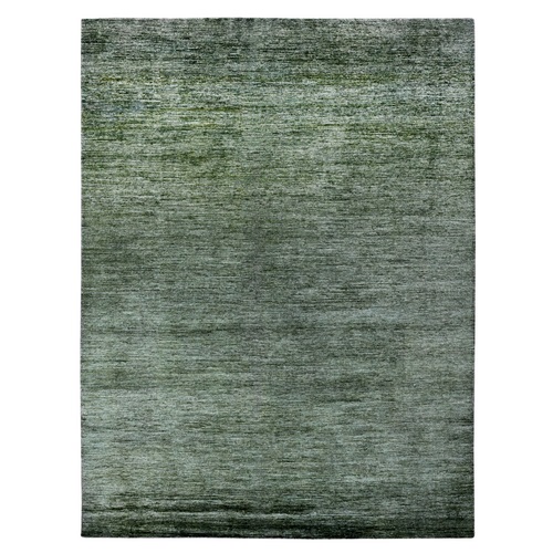 Basil Green, Hand Spun Ghazni Wool, Plain Solid Pattern, Hand Knotted, Lush and Plush, Oriental Rug