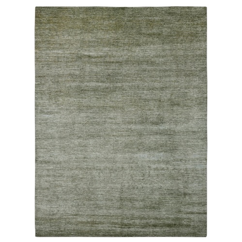 Reseda Green, Hand Spun Ghazni Wool, Plain Solid Pattern, Hand Knotted, Lush and Plush, Oriental Rug