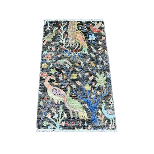 Pebble Gray, Afghan Peshawar, Birds of Paradise Design, Hand Knotted, Vegetable Dyes, 100% Wool, Mat, Sample, Oriental Rug