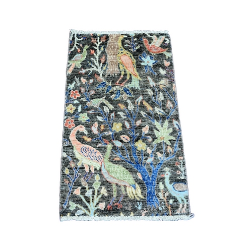 Anchor Gray, Afghan Peshawar, Tree of Life, Birds of Paradise Design, Sample, Hand Knotted, Natural Dyes, Soft Wool, Mat, Oriental Rug