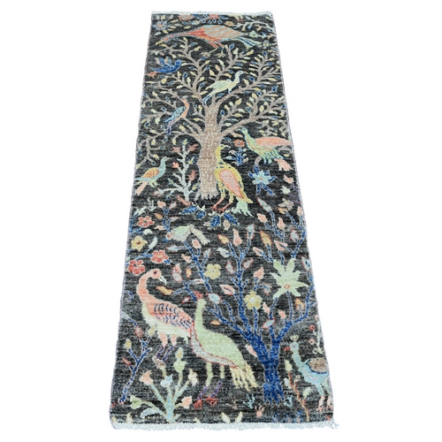 Davys Gray, Hand Knotted, Afghan Peshawar, Birds of Paradise Design, Vegetable Dyes, 100% Wool, Narrow Runner, Oriental Rug