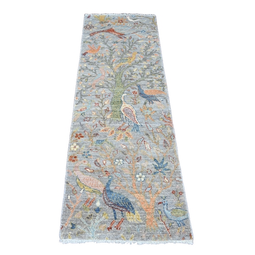 Misty Gray, Afghan Peshawar with Birds of Paradise Design, Vegetable Dyes, Hand Knotted, Soft Wool, Runner, Oriental Rug