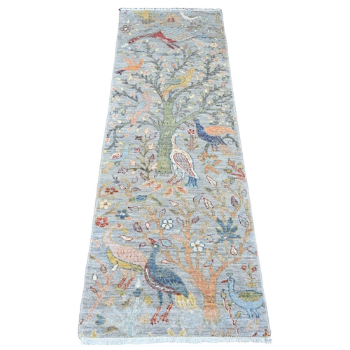 Spanish Gray, Afghan Peshawar with Birds of Paradise Design, Hand Knotted, Natural Dyes, Soft Wool, Short Runner, Oriental 