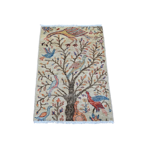 Bone White, Afghan Peshawar with Birds of Paradise Design, Hand Knotted, Soft Wool, Veggie Dyes, Mat, Sample, Oriental Rug