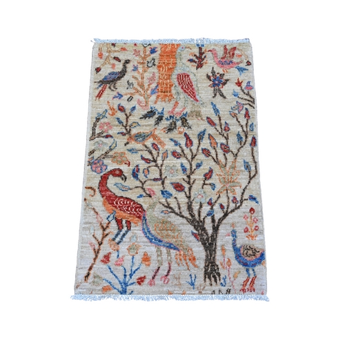 Linen White, Afghan Peshawar with Birds of Paradise Design, Hand Knotted, Soft Wool, Natural Dyes, Mat, Sample, Oriental Rug