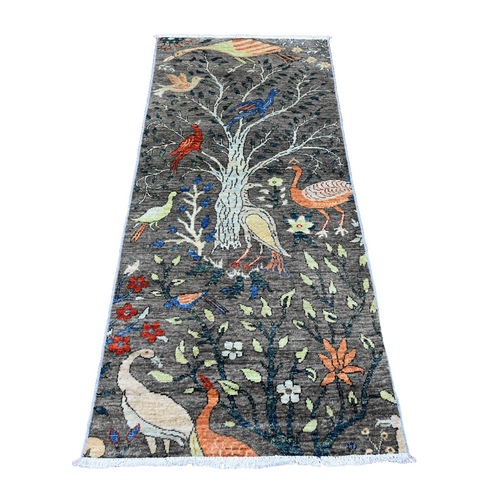 Dim Gray, Afghan Peshawar, Birds of Paradise Design, Soft and Shiny Wool, Hand Knotted, Vegetable Dyes, Short Runner, Oriental Rug