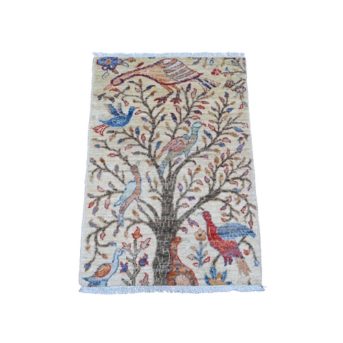 Parchment White, Sample, Hand Knotted, Afghan Peshawar with Birds of Paradise Design, Soft Wool, Natural Dyes, Mat, Oriental Rug