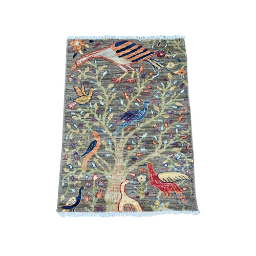 Sonic Gray, Afghan Peshawar with Birds of Paradise Design, Hand Knotted, Veggie Dyes, Soft Wool, Mat, Sample, Oriental Rug