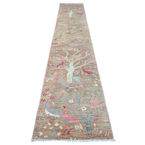 Tawny Brown, Afghan Peshawar with Birds of Paradise Design, Hand Knotted, Soft Wool, Natural Dyes, XL Runner, Oriental Rug