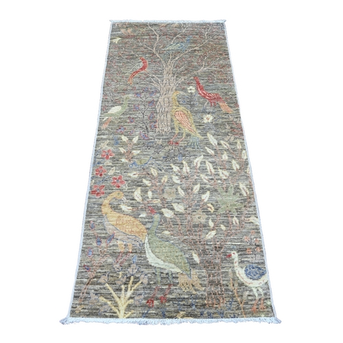 Nevada Gray, Afghan Peshawar with Birds of Paradise Design, Soft and Velvety Wool, Vegetable Dyes, Hand Knotted, Runner, Oriental Rug