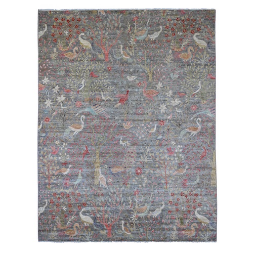 Nevada Gray, Afghan Peshawar with Birds of Paradise Design, Soft Wool, Veggie Dyes, Hand Knotted, Oriental Rug