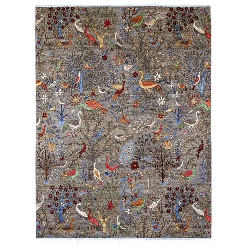 Fossil Gray, Afghan Peshawar with Birds of Paradise Design, Soft and Vibrant Wool, Vegetable Dyes, Hand Knotted, Oriental Rug