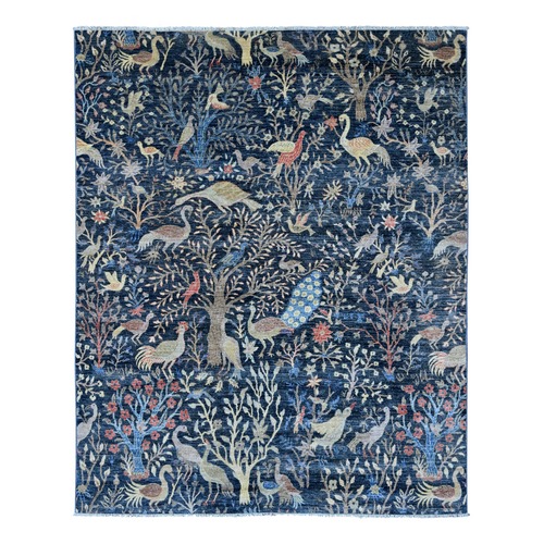 Space Cadet Blue, Afghan Peshawar with Birds of Paradise Design, Hand Knotted, Soft Wool, Vegetable Dyes, Oriental 