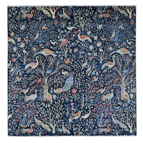 Denim Blue, Hand Knotted, Afghan Peshawar with Birds of Paradise Design, Soft and Shiny Wool, Vegetable Dyes, Square, Oriental 