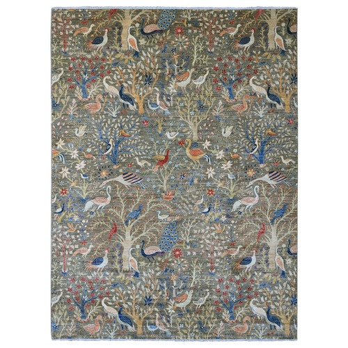 Sonic Gray, Hand Knotted, Afghan Peshawar with Birds of Paradise Design, Soft and Velvety Wool, Veggie Dyes, Oriental Rug