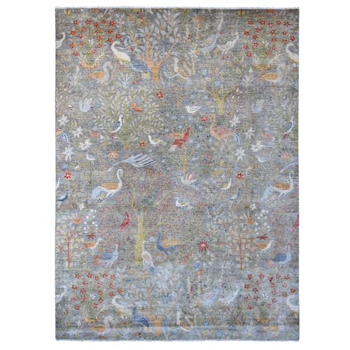 Battleship Gray, Afghan Peshawar with Birds of Paradise Design, Soft Wool, Vegetable Dyes, Hand Knotted, Oriental Rug