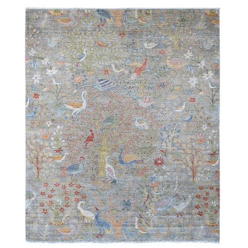 Medium Gray, Hand Knotted, Afghan Peshawar with Birds of Paradise Design, Soft and Velvety Wool, Natural Dyes, Oriental Rug