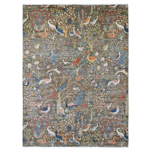 Dim Gray, Afghan Peshawar with Birds of Paradise Design, Soft and Velvety Wool, Hand Knotted, Vegetable Dyes, Oriental 