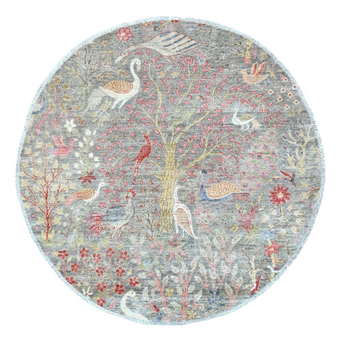 Medium Gray, Hand Knotted, Afghan Peshawar with Birds of Paradise Design, Soft Wool, Natural Dyes, Round, Oriental Rug