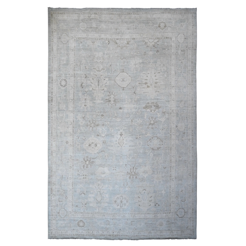 Slate Blue, Afghan Angora Oushak with Geometric Leaf Design, Natural Dyes, Hand Knotted, 100% Wool, Oversized, Oriental 