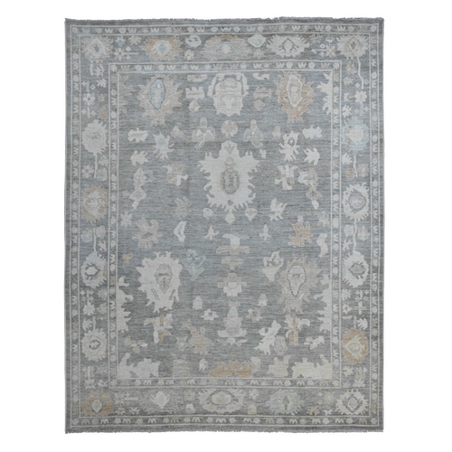 Nickel Gray, Hand Knotted, Afghan Angora Oushak with Soft Color Leaf Design, Vegetable Dyes, 100% Wool, Oriental Rug