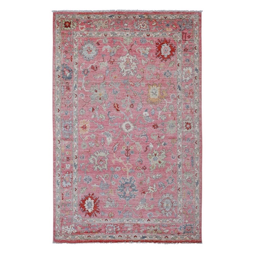 Punch Pink, Afghan Angora Oushak with All Over Leaf Design, Vegetable Dyes, Hand Knotted, 100% Wool, Oriental Rug