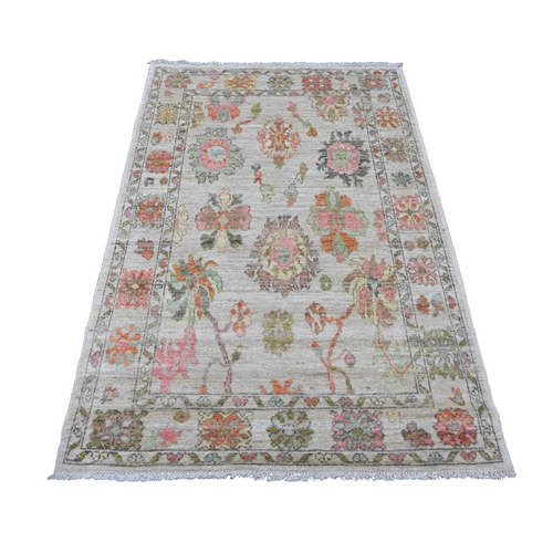 Chiffon White, Afghan Angora Oushak with Colorful Leaf Pattern, Hand Knotted, Vegetable Dyes, 100% Wool, Oriental Rug