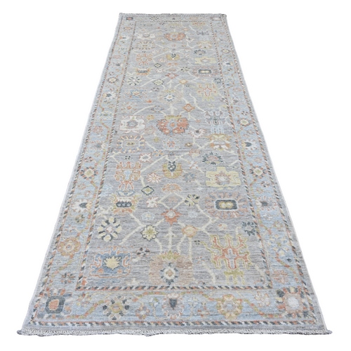 Spanish Gray, Hand Knotted, Afghan Angora Oushak with Floral Design, Natural Dyes, 100% Wool, Wide Runner, Oriental Rug