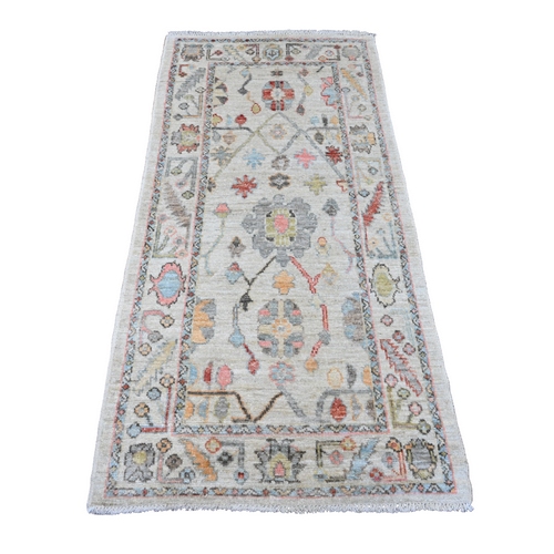 Seashell White, Hand Knotted, Afghan Angora Oushak with Colorful Leaf Design, Vegetable Dyes, Pure Wool, Runner, Oriental Rug