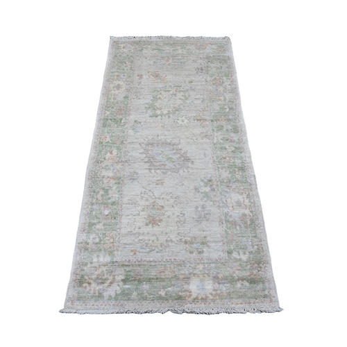 Bone White, Hand Knotted, Afghan Angora Oushak with Leaf Design, Natural Dyes, 100% Wool, Runner, Oriental Rug