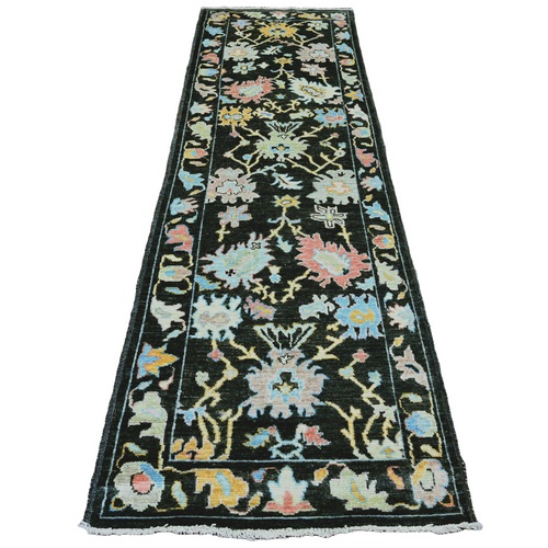 Ink Black, Afghan Angora Oushak with Pop of Color, Leaf Design, Hand Knotted, Vegetable Dyes, 100% Wool, Runner, Oriental Rug