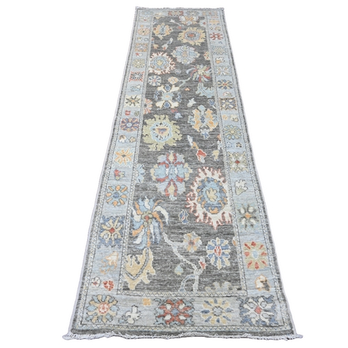 Dim Gray, Hand Knotted, Afghan Angora Oushak with Soft Color Leaf Design, Vegetable Dyes, 100% Wool, Runner, Oriental Rug