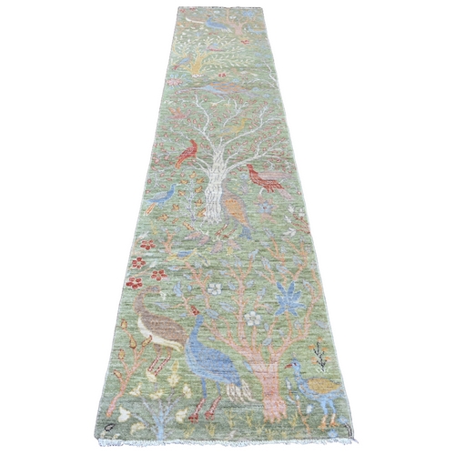 Laurel Green, Afghan Peshawar with Birds of Paradise Design, Hand Knotted, Soft Wool, Vegetable Dyes, Runner, Oriental 