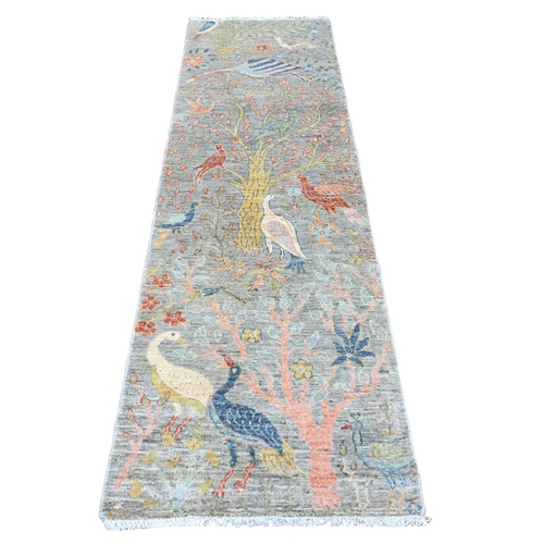 Cloud Gray, Afghan Peshawar with Birds of Paradise Design, Pure Wool, Veggie Dyes, Hand Knotted, Runner, Oriental Rug