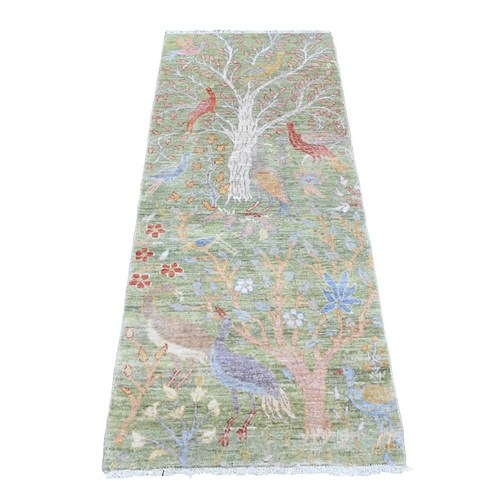 Hunter Green, Soft Wool, Afghan Peshawar with Birds of Paradise Design, Hand Knotted, Veggie Dyes, Runner, Oriental Rug