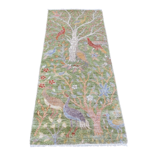 Olive Green, Afghan Peshawar with Birds of Paradise Design, Soft and Velvety Wool, Hand Knotted, Vegetable Dyes, Runner, Oriental Rug