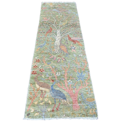 Swamp Green, Afghan Peshawar with Birds of Paradise Design, Hand Knotted, Veggie Dyes, Soft and Vibrant Wool, Runner, Oriental 