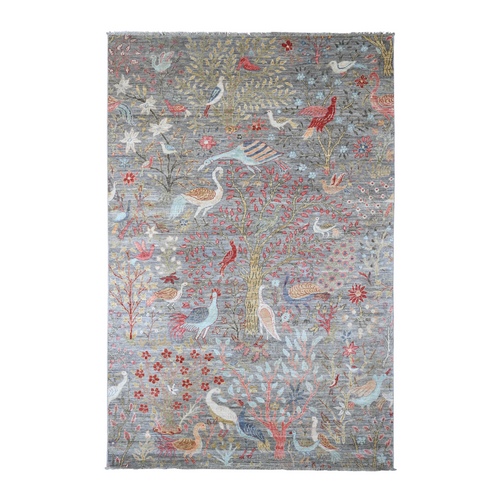 Nevada Gray, Soft Wool, Afghan Peshawar with Birds of Paradise Design, Hand Knotted, Veggie Dyes, Oriental Rug