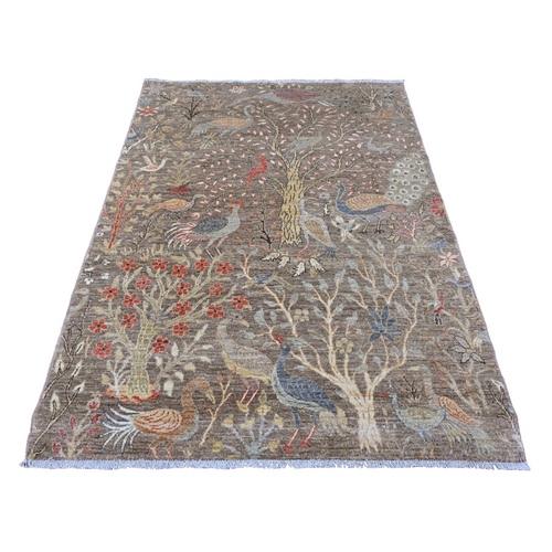 Coffee Brown, Afghan Peshawar with Birds of Paradise Design, Soft Wool, Hand Knotted, Natural Dyes, Oriental Rug