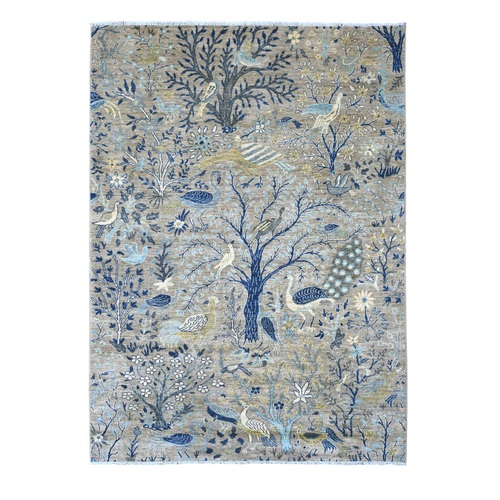 Stone Gray, Afghan Peshawar with Birds of Paradise Design, Hand Knotted, Soft and Shiny Wool, Vegetable Dyes, Oriental Rug