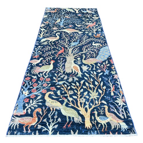 Yale Blue, Afghan Peshawar with Birds of Paradise Design, Soft Wool, Hand Knotted, Natural Dyes, Wide Runner, Oriental Rug