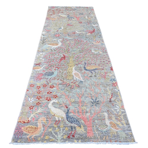 Medium Gray, Afghan Peshawar with Birds of Paradise Design, Hand Knotted, Soft Pile, Pure Wool, Vegetable Dyes, Runner, Oriental Rug