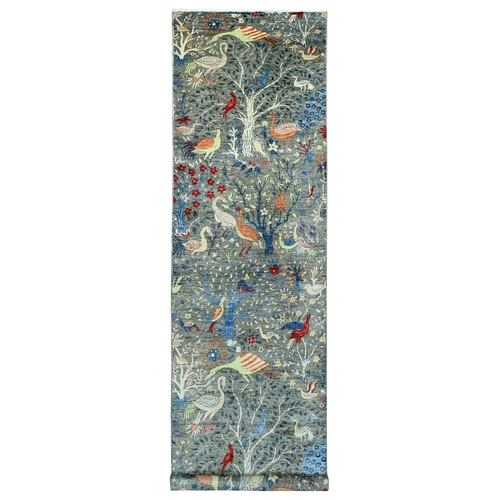 Nevada Gray, Afghan Peshawar with Colorful Birds of Paradise Design, Hand Knotted, Soft and Vibrant Wool, Natural Dyes, XL Wide Runner, Oriental 