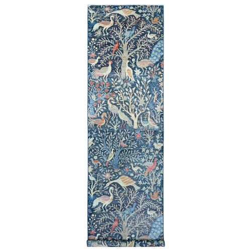 Aegean Blue, Hand Knotted, Afghan Peshawar with Birds of Paradise Design, Soft Wool, Veggie Dyes, XL Wide Runner, Oriental 