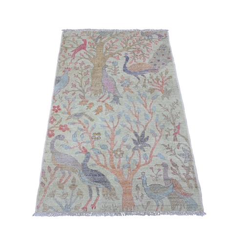 Laurel Green, Afghan Peshawar with Birds of Paradise Design, Tree of Life, Soft Wool, Veggie Dyes, Hand Knotted, Oriental Rug