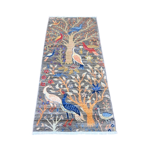 Sonic Gray, Afghan Peshawar with Birds of Paradise Design, Hand Knotted, Soft and Shiny Wool, Natural Dyes, Short Runner, Oriental 